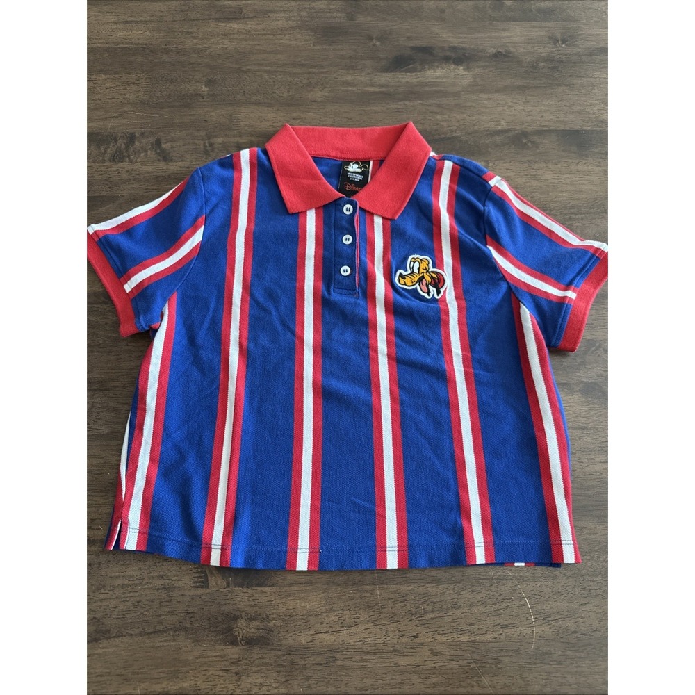 Disney X Forever 21 Pluto Striped Polo Shirt Blue Red Youth Large Y2K Collab